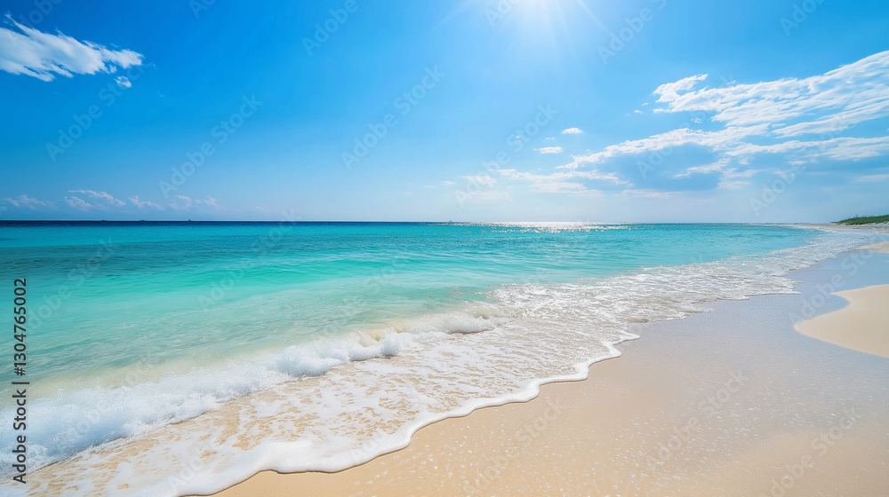 Scenic beach with powdery white sand and transparent turquoise waters, as gentle waves dance along the shoreline. The tropical sunlight sparkles on the calm ocean surface, enhancin