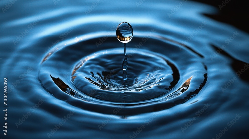 Water drop impact, ripples on dark blue surface, close-up. Possible use Science education, nature photography Water drop impact, ripples on dark blue surface, close-up. Possible use Science education, nature photography