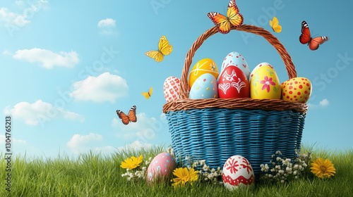 Basket of Easter Eggs with Butterflies in a Spring Meadow