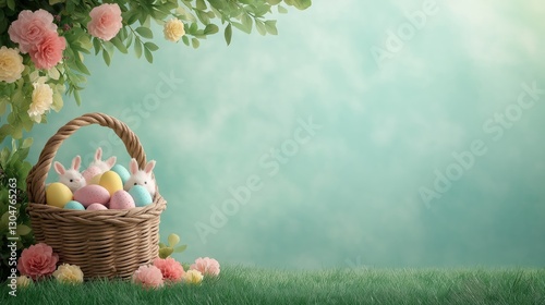 Easter Basket with Colorful Eggs and Small Rabbits in a Floral Setting