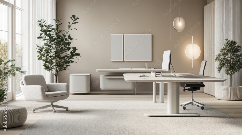 Fototapeta premium Modern Beige Office Workspace with Computer