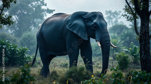 Majestic Elephant in the Wilderness: A giant elephant stands serenely in a misty, lush forest, its powerful form and expressive gaze conveying wisdom and strength.