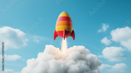 Colorful egg-shaped rocket launching into the sky