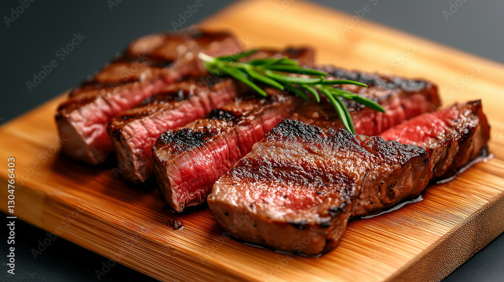 Steak slices, grilled to a perfect medium-rare, resting on a warm wooden board, with charred crust and delicate marbling visible. A fresh rosemary garnish enhances the dish, with s Steak slices, grilled to a perfect medium-rare, resting on a warm wooden board, with charred crust and delicate marbling visible. A fresh rosemary garnish enhances the dish, with s
