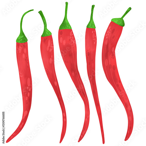 Raster illustration of red chili spicy pepper on white background. Modern fashion illustration for cafes, restaurants, menus, fabrics, websites