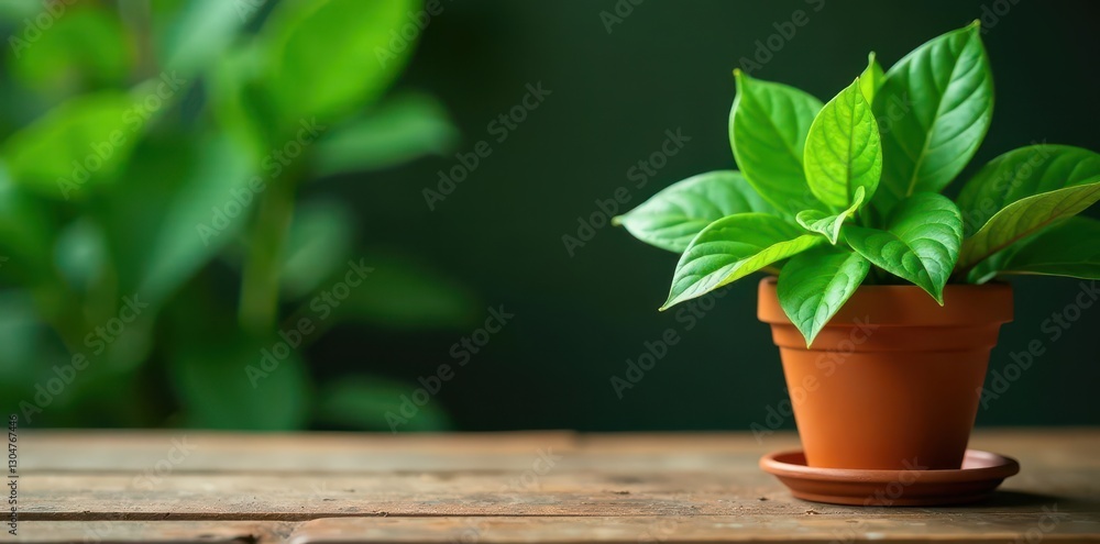 Vibrant green leaves, terracotta pot, wooden table, wood, still life Vibrant green leaves, terracotta pot, wooden table, wood, still life