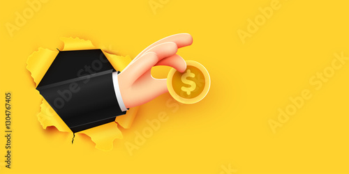 3d cartoon hand holding golden dollar coin through torn paper. Investment, profit, payment concept.