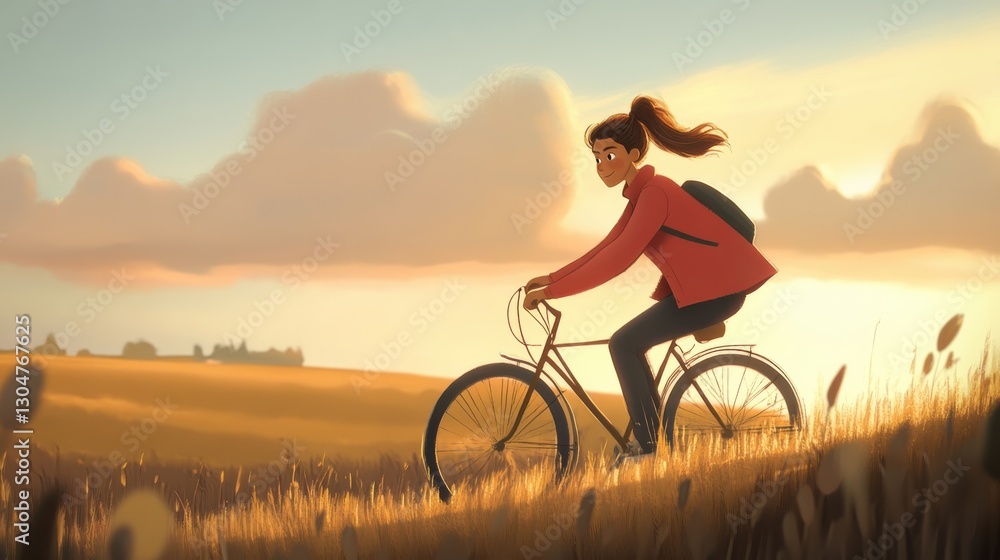 Young Woman Riding Bicycle Through Golden Meadow at Sunset Young Woman Riding Bicycle Through Golden Meadow at Sunset