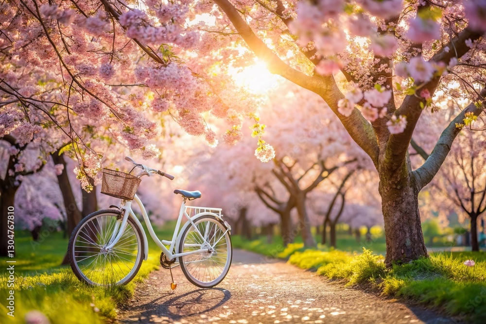 Fototapeta premium Springtime Bicycle Scene: White Bike Under Cherry Blossoms