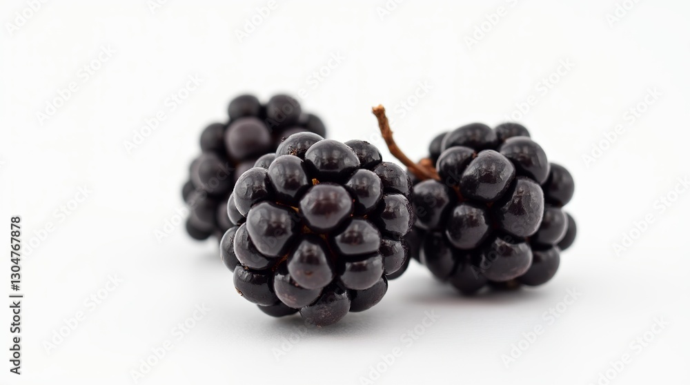 Close-up of a blackberry against a white background showcasing its vibrant color and fresh texture, perfect for health, food, and nutrition photography