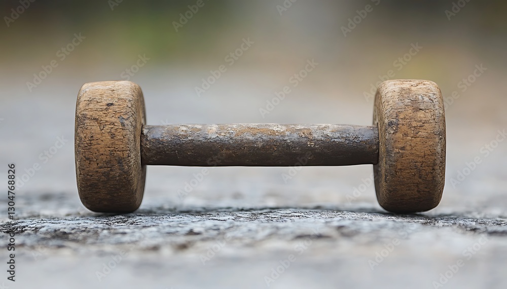 Dumbbell rests on concrete blurred outdoor path Dumbbell rests on concrete blurred outdoor path