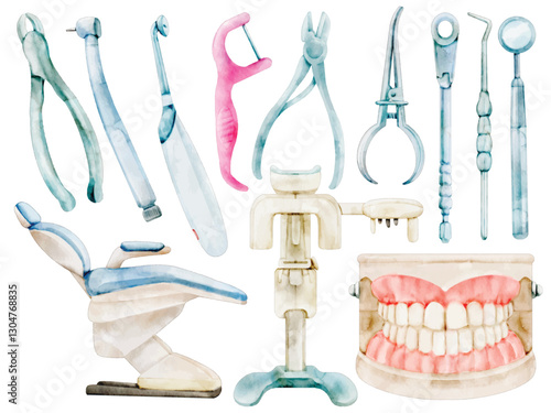 Watercolor Dental Tools and Equipment Illustration Set - Hand-Painted, Realistic, Healthcare Essentials - Dentist Chair