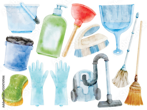 Watercolor Cleaning Supplies Illustration Set - Hand-Painted, Realistic, Household Essentials - Vacuum Cleaner, Broom, Dustpan, Mop, Bucket, Scrub Brush, Gloves, Sponge, Plunger, Vector Illustration