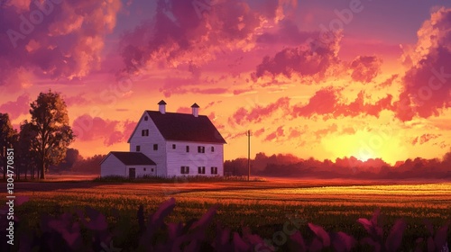 Rural Sunset: A serene country landscape at dusk, featuring a picturesque house under a vibrant sky painted with hues of orange, pink, and purple, evoking a sense of tranquility and pastoral beauty.
