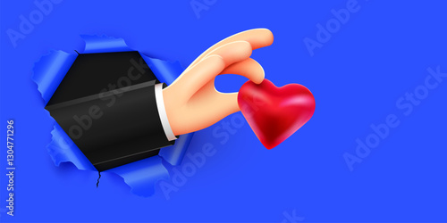 Cartoon 3d hand hold red heart through torn paper. Donation or social media follower concept. Valentine day.
