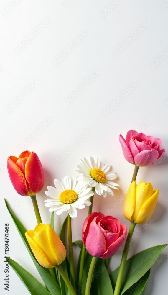 Bright mix of tulips, daisies, and roses on pristine white backdrop, vibrant, petal, nature Bright mix of tulips, daisies, and roses on pristine white backdrop, vibrant, petal, nature