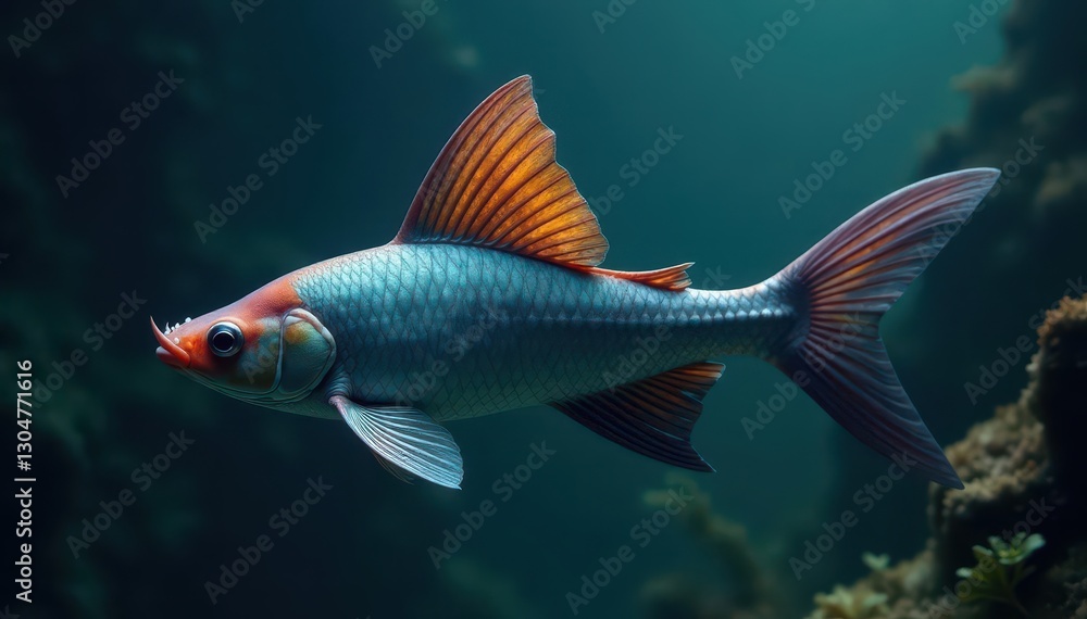Fototapeta premium Fan-shaped caudal fin, intricate texture, swordtail, underwater, scales