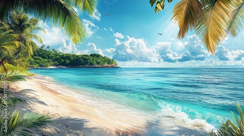 Tropical Paradise: Serene view of an idyllic tropical beach, fringed by lush palm trees, turquoise waters, and a brilliant blue sky filled with puffy clouds.