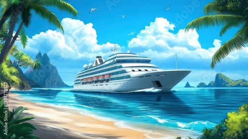 Tropical Cruise Ship: A majestic cruise ship glides along turquoise waters, fringed by a sun-kissed beach and lush, verdant palms and surrounded by island landscape in a vibrant illustration.