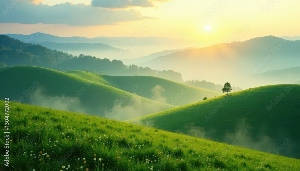 Fototapeta premium Rolling hills veiled in morning mist, soft sunlight filtering through , field, morning