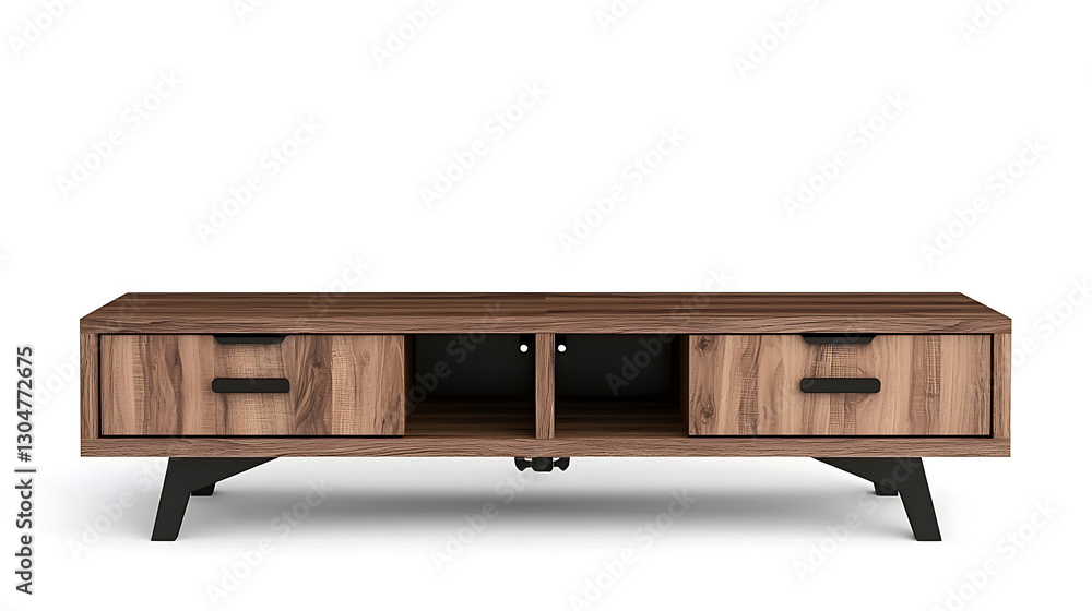 A wooden entertainment center with two drawers and a black metal base A wooden entertainment center with two drawers and a black metal base