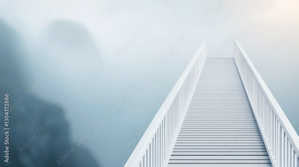Fototapeta premium Serene Pathway Bridge Emerging from Foggy Landscape