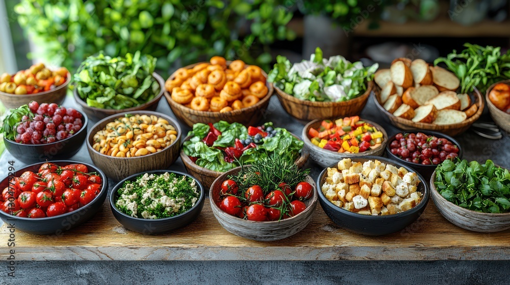 Variety of fresh salad bar ingredients, displayed buffet style Variety of fresh salad bar ingredients, displayed buffet style