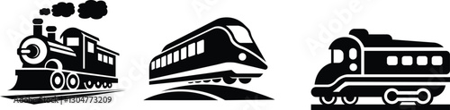 Train icon set.Railway Transport Silhouette Icon.rain with smoke symbol icon, old locomotive silhouette.subway flat icon for transportation apps and websites.Passenger and freight transport set of wag