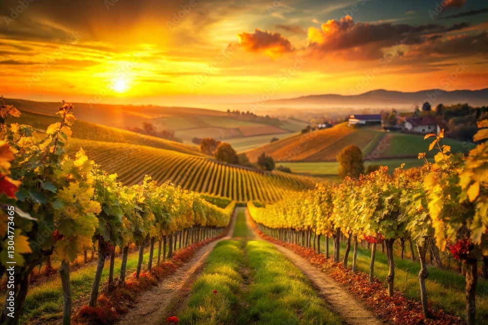 Fototapeta premium Stunning Vineyard Landscape at Sunset with Bokeh, Rolling Hills, Grapevines, Rural Scenery, Autumn Colors