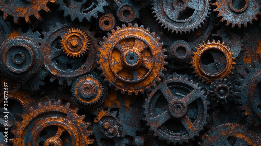 Intricate array of rusty gears and cogs creating a captivating industrial texture with a steampunk aesthetic and a dark moody background Intricate array of rusty gears and cogs creating a captivating industrial texture with a steampunk aesthetic and a dark moody background