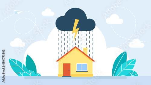 Protect house from floods in flat design. Protecting house. Business concept. Insurance. Symbol of residential security from mortgage payment or damage. Vector illustration.