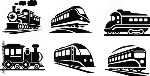 Train icon set.Railway Transport Silhouette Icon.rain with smoke symbol icon, old locomotive silhouette.subway flat icon for transportation apps and websites.Passenger and freight transport set of wag