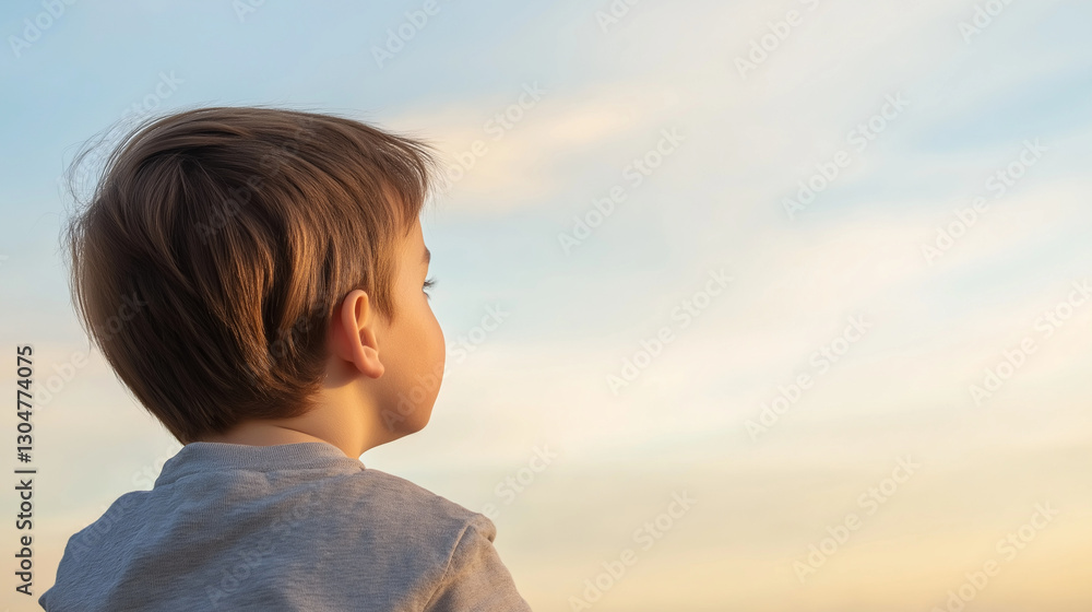Obraz premium Contemplative child watching vibrant sunset, embodying innocence, hope, and boundless potential against luminous twilight horizon
