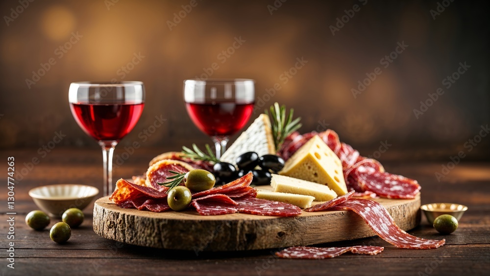 Delicious charcuterie platter with cheese, olives, and wine on rustic wooden table during evening gathering Delicious charcuterie platter with cheese, olives, and wine on rustic wooden table during evening gathering