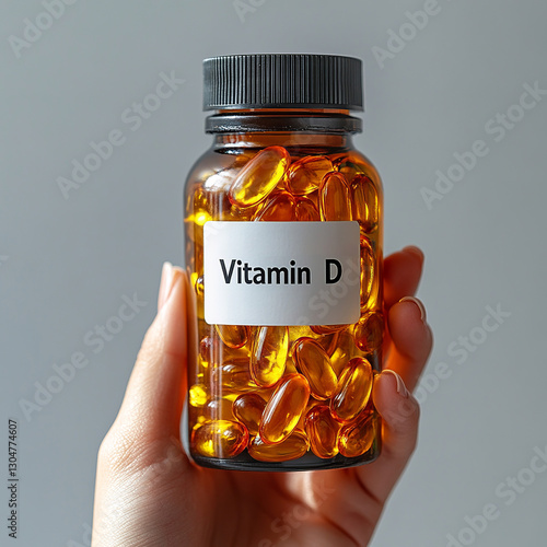 Vitamin D supplements in a bottle held by a hand. Nutritional support for bone health and immune function. Essential for overall wellness.