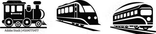 Train icon set.Railway Transport Silhouette Icon.rain with smoke symbol icon, old locomotive silhouette.subway flat icon for transportation apps and websites.Passenger and freight transport set of wag