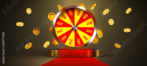 Wheel of luck or fortune. Colorful gambling wheel and flying coins and red carpet. Online casino. Internet casino.