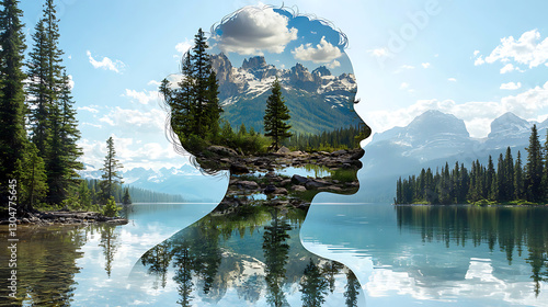 creative double exposure portrait of woman with scenic landscape. image features mountains, trees, and serene lake, blending nature with human