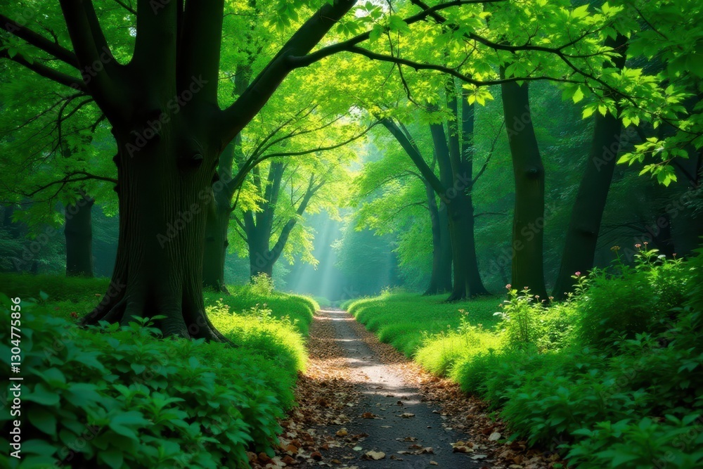 Fototapeta premium Emerald canopy, rich understory, winding path , trailhead, vibrant, emerald