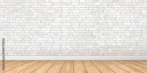 Empty room with old white brick block wall and whitewashed wooden floor  graphic illustration.