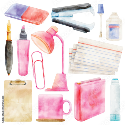 Watercolor Office Supplies Illustration Set - Hand-Painted, Soft Pastel Aesthetic - Desk Lamp, Notebook, Eraser, Stapler, Highlighter, Fountain Pen