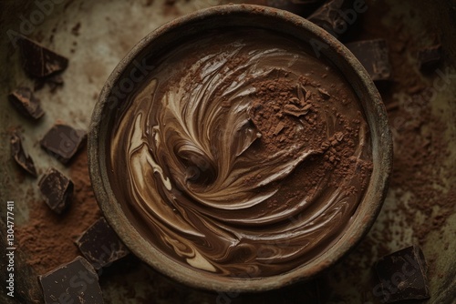 Chocolate spread in bowl, sprinkled with cocoa powder photo