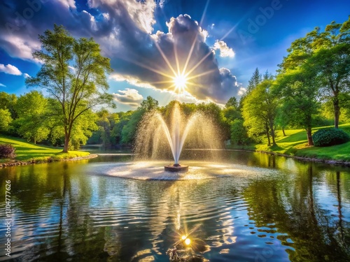 Wallpaper Mural Sunny Spring Afternoon: Serene Lake Fountain, High-Definition Stock Photo Torontodigital.ca