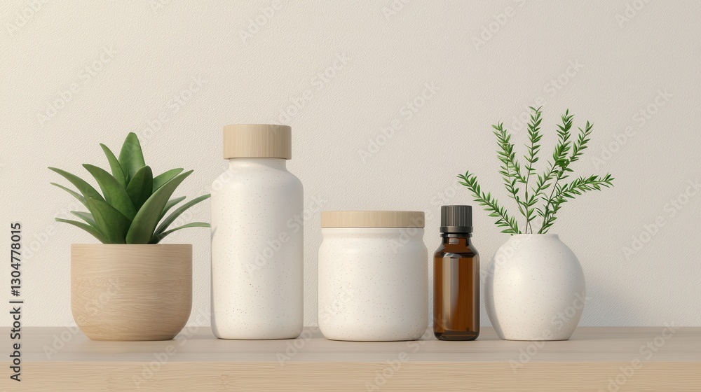 Modern Minimalist Decor Featuring Natural Elements and Spa Products on a Wooden Shelf in Soft Light Modern Minimalist Decor Featuring Natural Elements and Spa Products on a Wooden Shelf in Soft Light