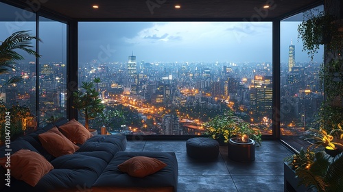 Modern penthouse lounge overlooking city skyline at night