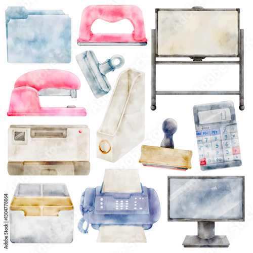 Watercolor Office Supplies Illustration Set - Hand-Painted, Soft Pastel Aesthetic - Stapler, Calculator, Printer, Monitor, Whiteboard, Folder