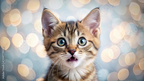 Surprised Kitten, Miniature Tilt-Shift, White Background Stock Photo