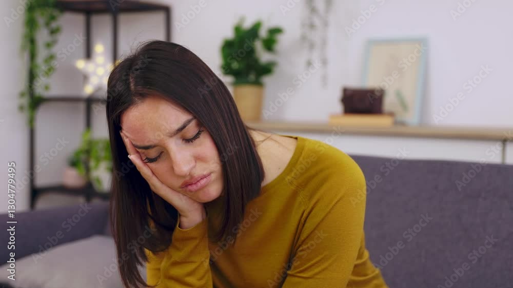 Young pretty adult woman experiencing a strong headache, touching her temples and forehead, showing discomfort and pain while sitting on sofa at home. Healthcare concept Young pretty adult woman experiencing a strong headache, touching her temples and forehead, showing discomfort and pain while sitting on sofa at home. Healthcare concept