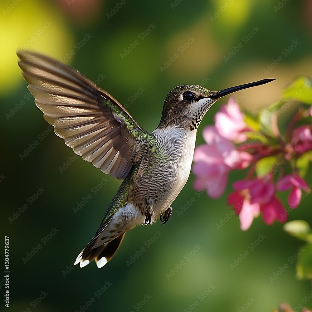 Fototapeta premium A vibrant hummingbird in flight, wings outstretched, hovers near delicate pink blossoms. The image evokes freedom, grace, and the beauty of nature.