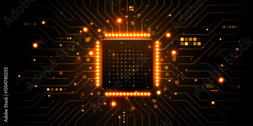 Brightly glowing AI chip on circuit board. Technology background. CPU processor on tech bg. Computer microchip on motherboard.